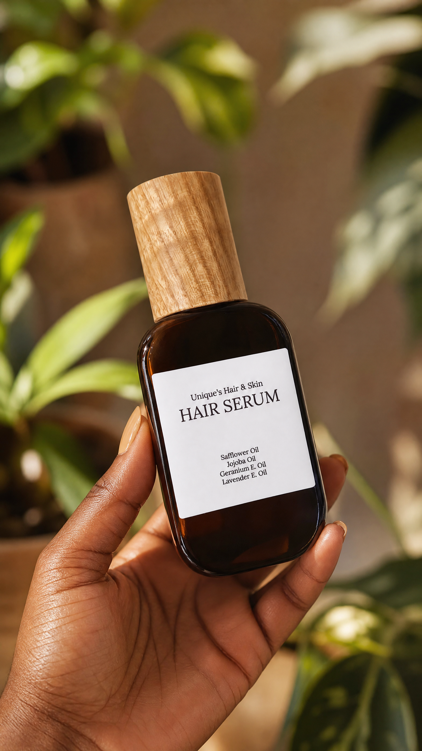 A hand holding a dark amber glass bottle of hair serum with a light wood cap and a white label, set against a blurred background of green plants.