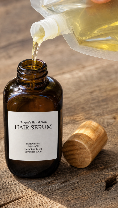 A hand pours golden-yellow hair serum from a flexible pouch into an amber glass bottle labeled 'Uniqua Hair & Skin HAIR SERUM,' with a wooden cap resting beside it on a rustic wooden surface.